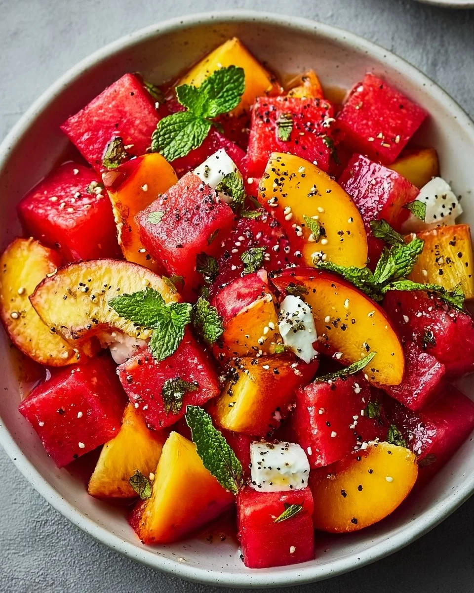 Peach and watermelon summer salad served in a bowl, garnished with fresh mint.