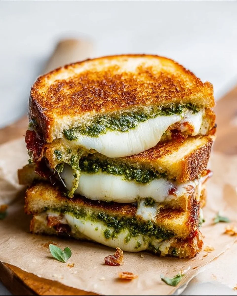 Pesto grilled cheese sandwich with melted cheese and fresh pesto