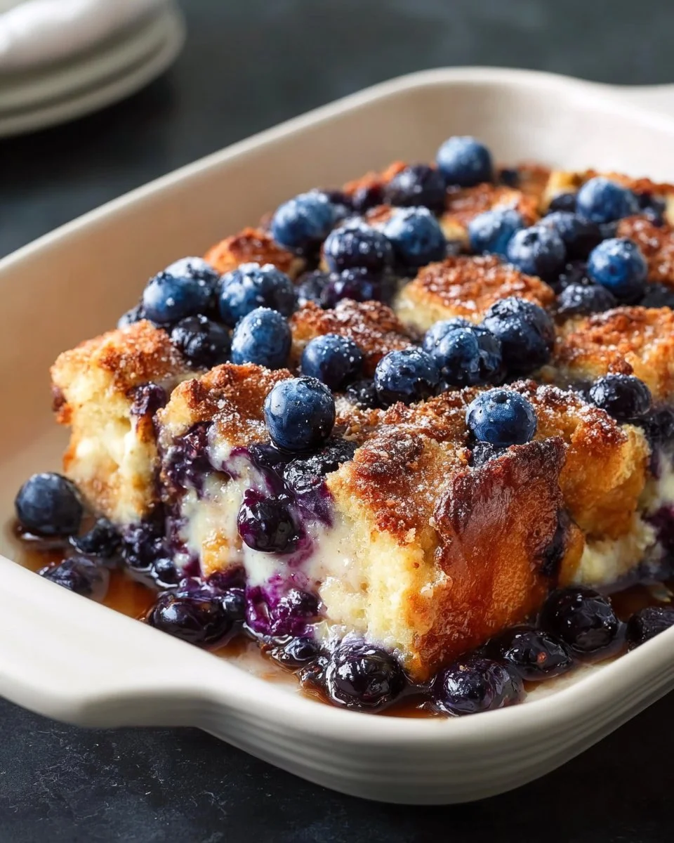 Delicious blueberry French toast casserole baked with fresh blueberries and syrup