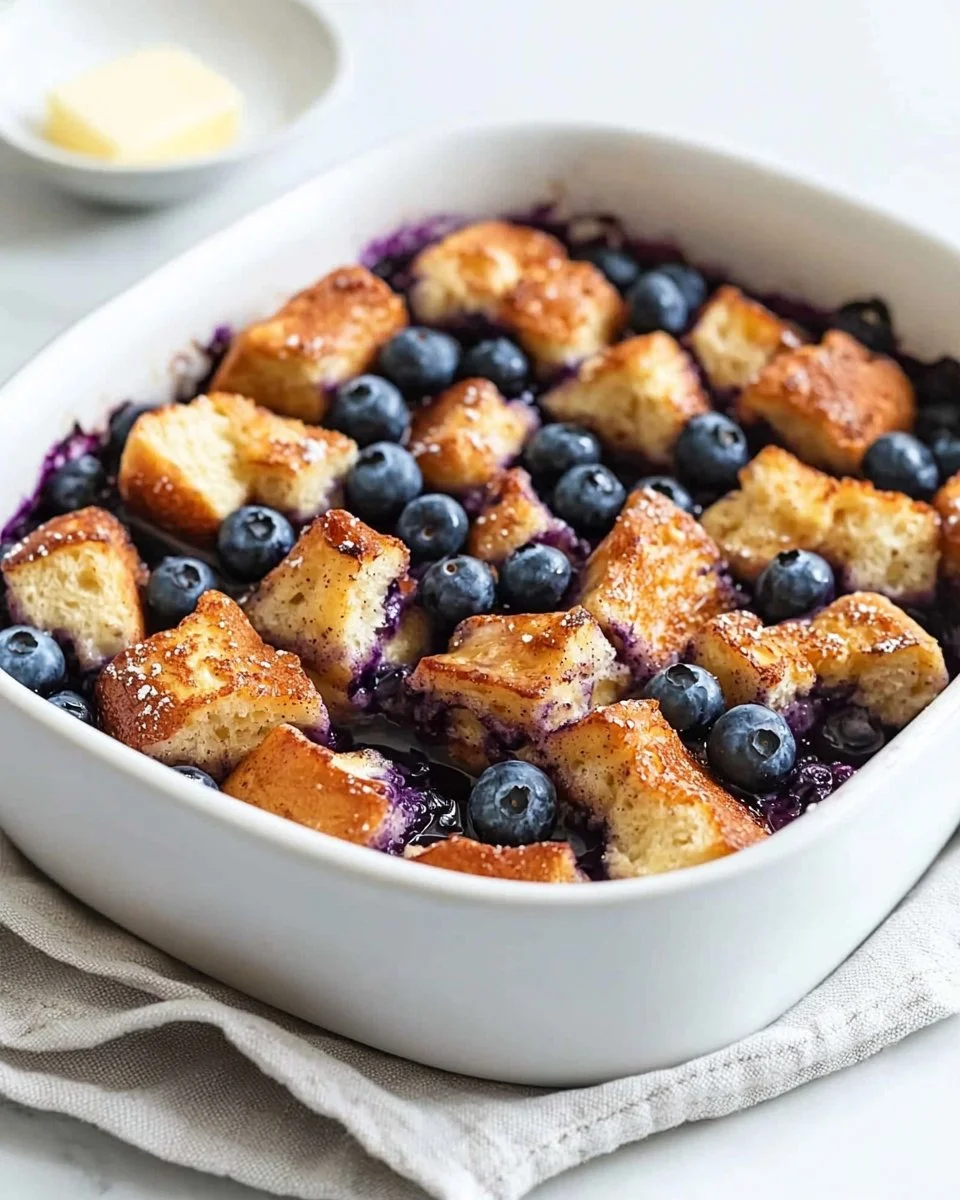 Quick blueberry French toast casserole baked until golden and topped with fresh berries.