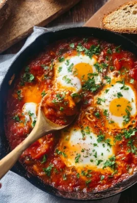 Delicious shakshuka served in a skillet with poached eggs and spices