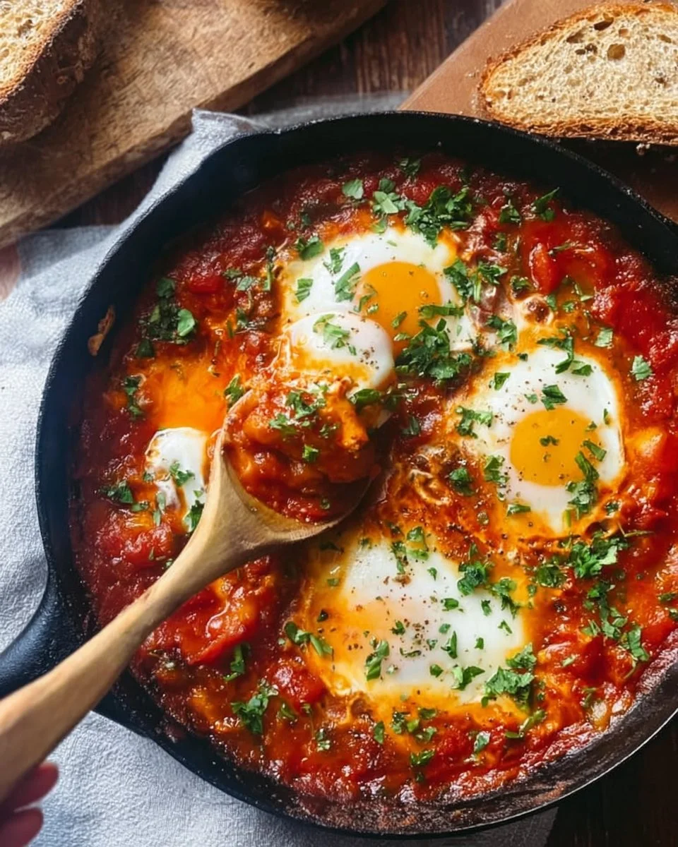Delicious shakshuka served in a skillet with poached eggs and spices