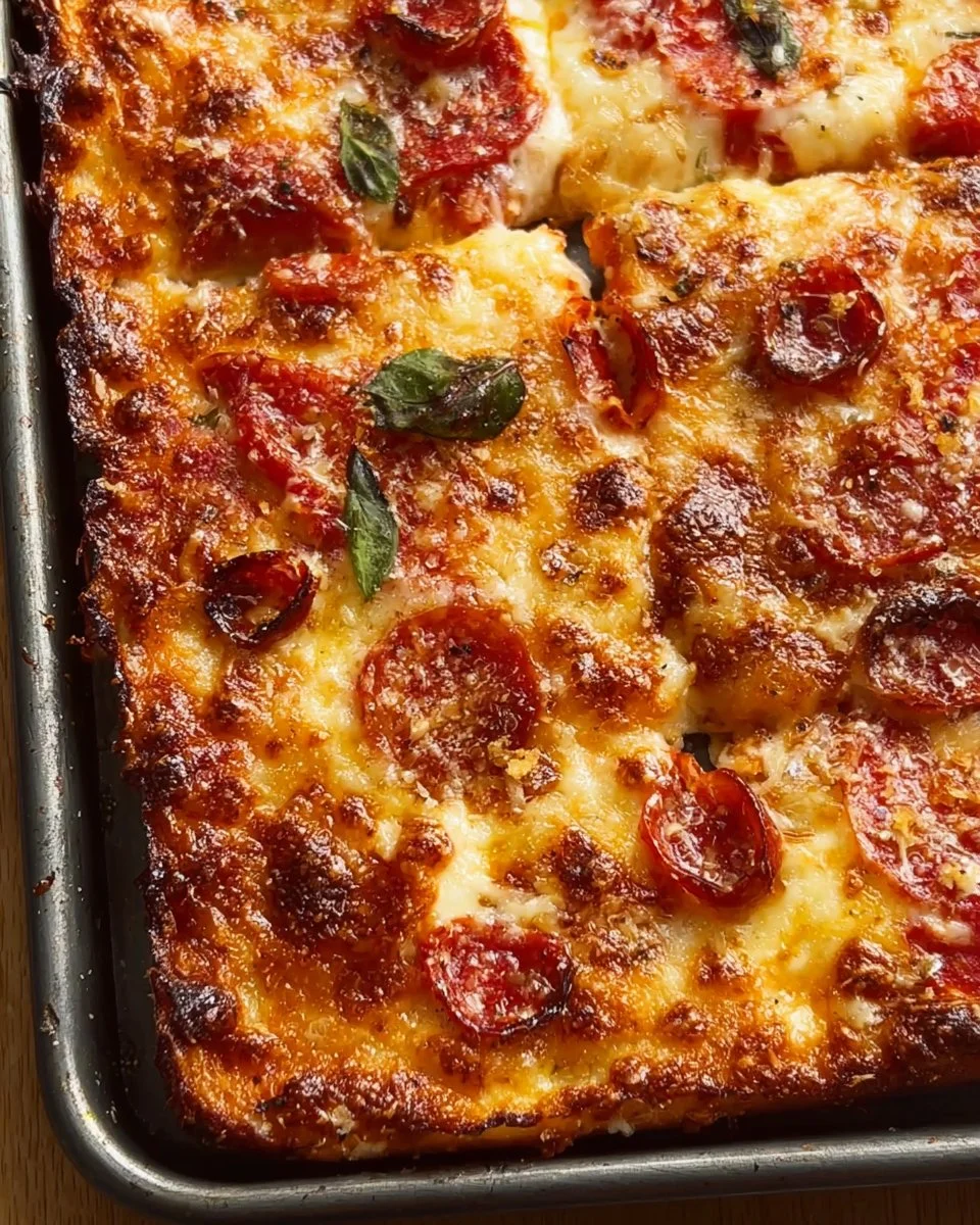 Delicious homemade sheet pan pizza topped with fresh ingredients and melted cheese.