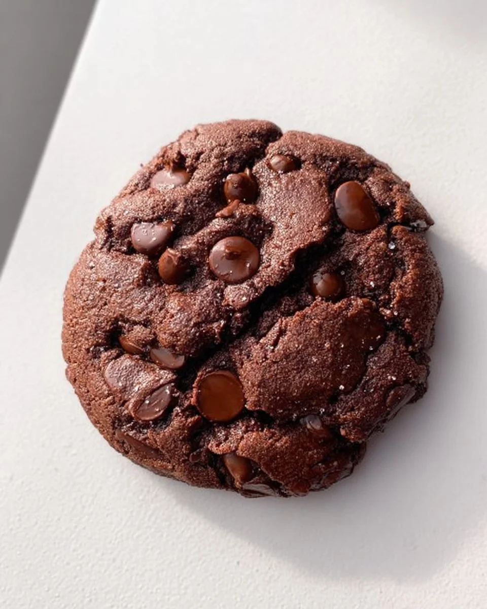 Single serve double chocolate chip cookie on a plate, showcasing rich chocolate chips