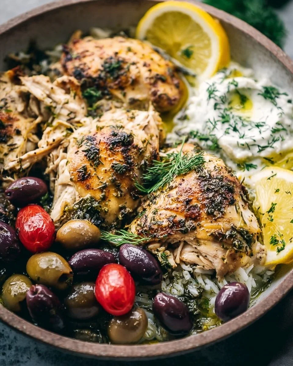 Delicious slow cooker Greek chicken served with vegetables and herbs