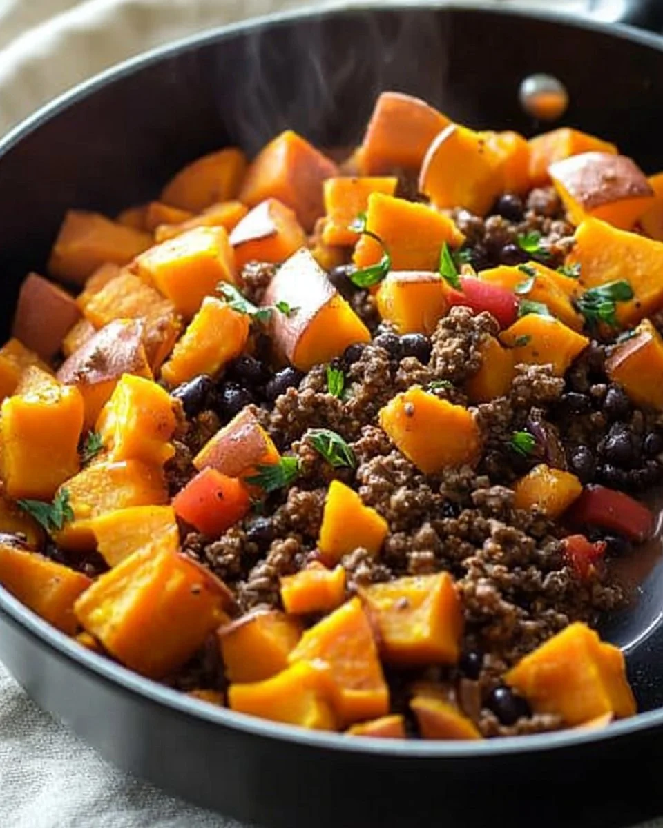 Southwestern Ground Beef Sweet Potato Skillet in a frying pan with colorful veggies