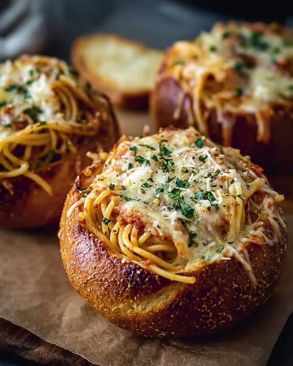 Spaghetti Garlic Bread Bowl filled with savory pasta and herbs