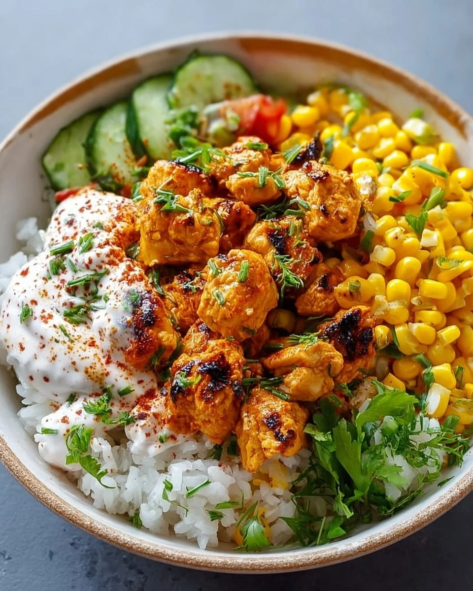 Delicious Street Corn Chicken Rice Bowl topped with fresh ingredients.
