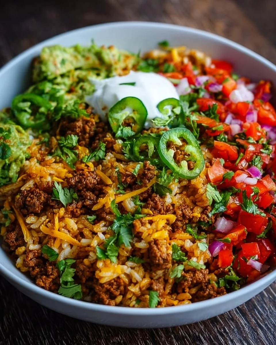 Taco Rice Bowl with vibrant toppings and fresh ingredients