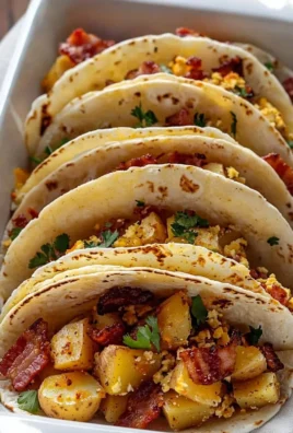 Delicious baked breakfast tacos served on a plate with fresh toppings.