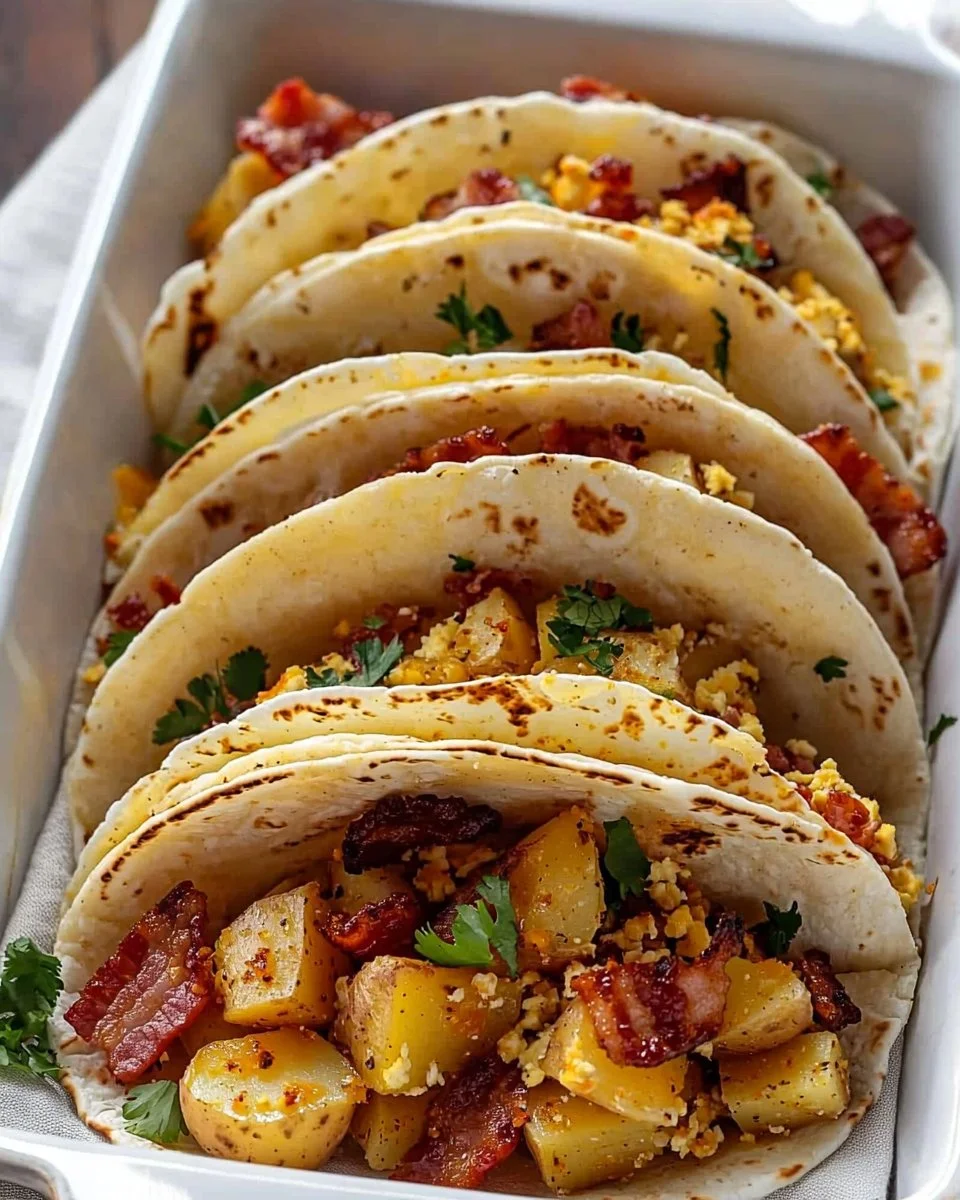 Delicious baked breakfast tacos served on a plate with fresh toppings.