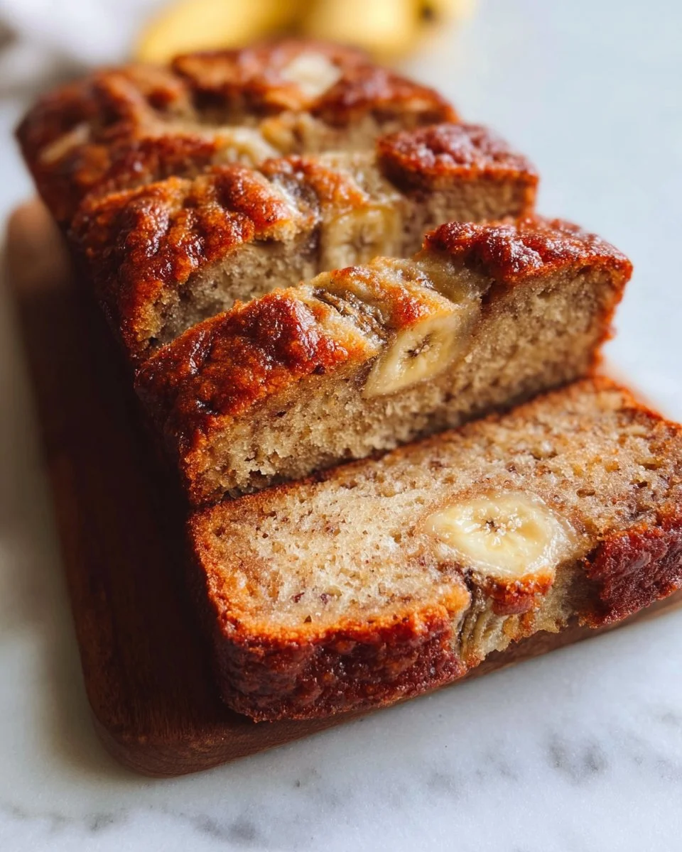 Delicious slice of the world's best banana bread on a white plate