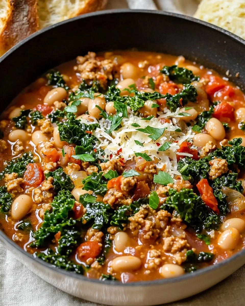 Delicious Tuscan Turkey and White Bean Skillet served in a pan.