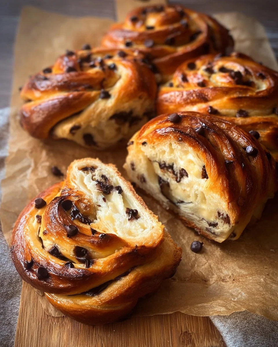 Vanilla Cream & Chocolate Chip Rolled Brioche pastry with chocolate chips