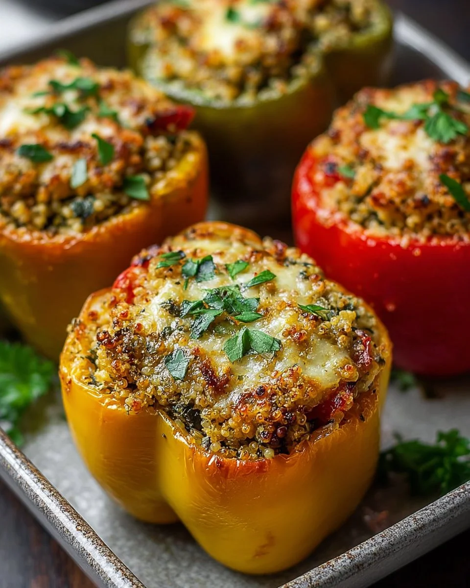 Colorful vegetarian stuffed bell peppers filled with grains and vegetables