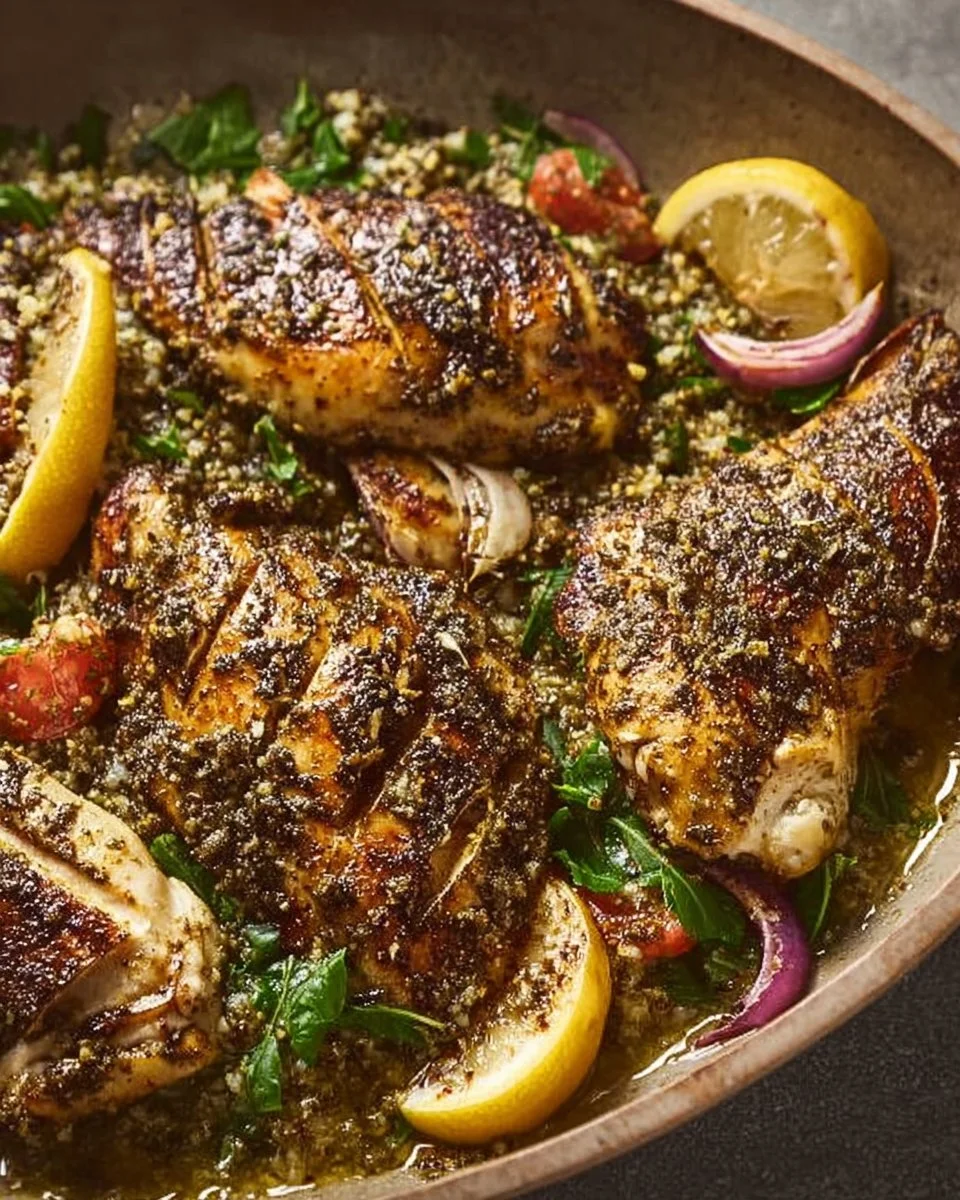Juicy Za'atar Chicken garnished with fresh herbs and spices