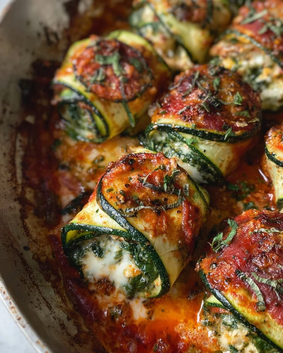 Plate of Zucchini Rollatini filled with ricotta cheese and herbs