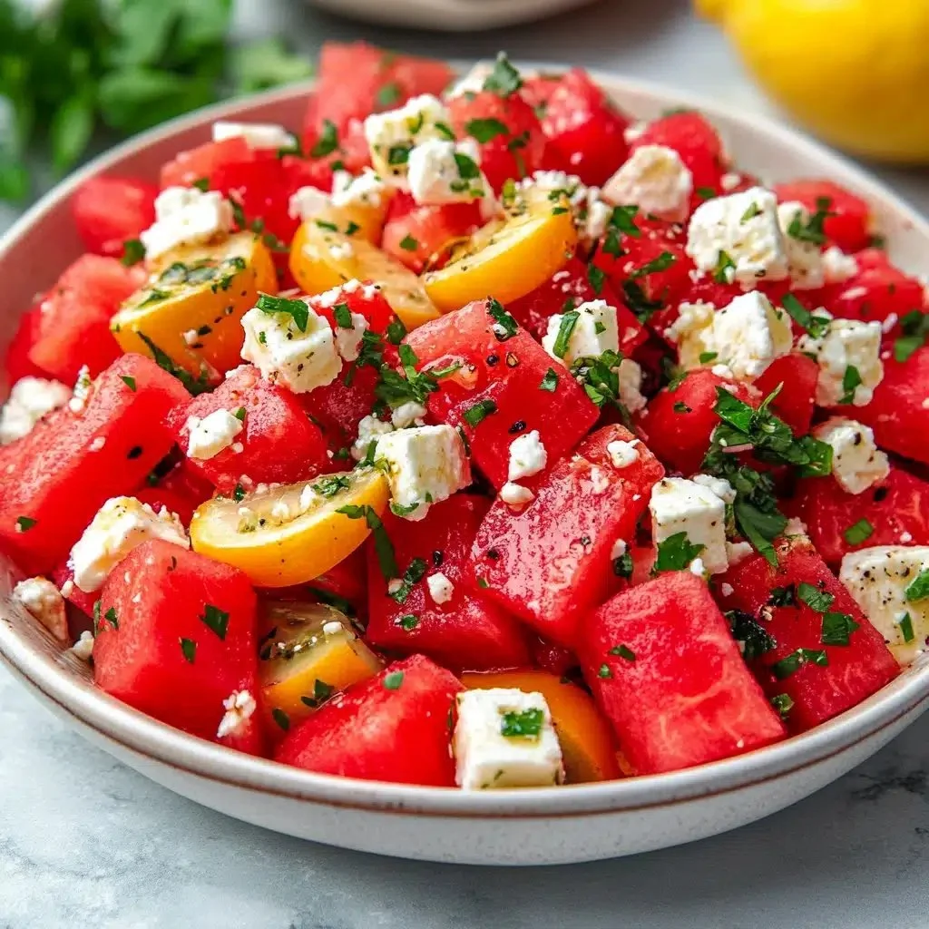 A colorful watermelon feta salad with mint and olive oil in a bowl.