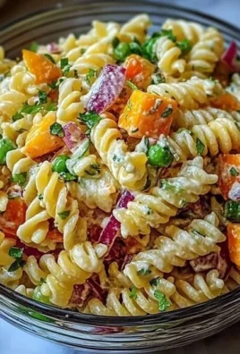 Bowl of addictive crack pasta salad with colorful ingredients and dressing