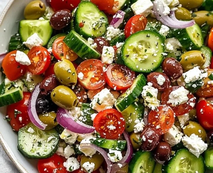 Fresh Greek salad with tomatoes, cucumbers, feta cheese, and olives