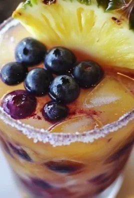 Blueberry Pineapple Tequila Sour cocktail garnished with fresh blueberries and pineapple slices.