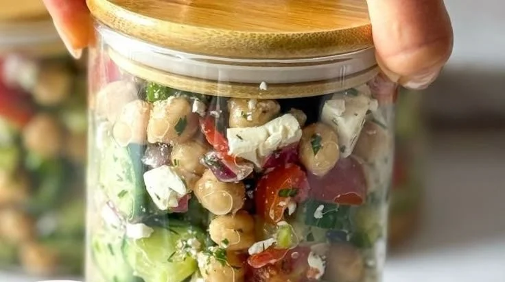 A vibrant chickpea cucumber salad with fresh herbs and vegetables
