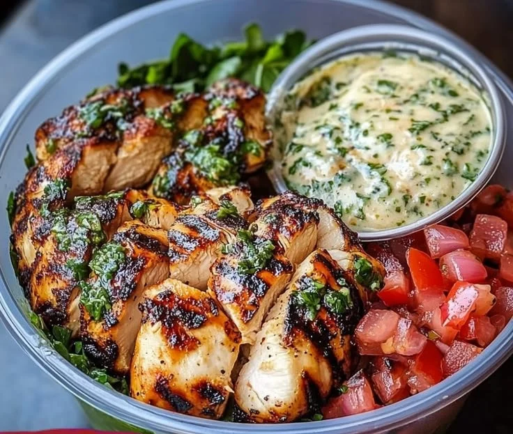 Chimichurri grilled chicken bowl served with garlic sauce.
