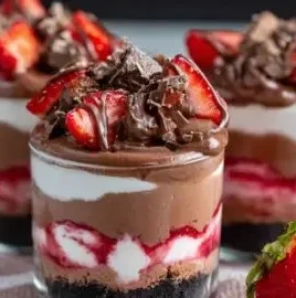 Delicious Chocolate Strawberry Cheesecake Dessert Cups topped with fresh strawberries