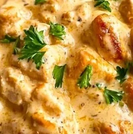 Creamy smothered chicken served over rice, garnished with herbs.