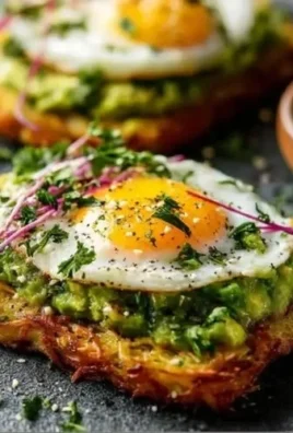 Crispy hash browns topped with sliced avocado on a plate