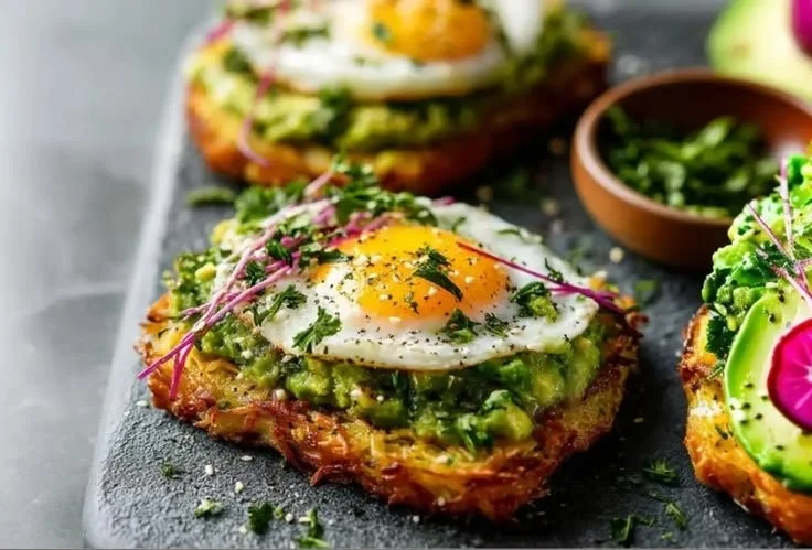 Crispy hash browns topped with sliced avocado on a plate