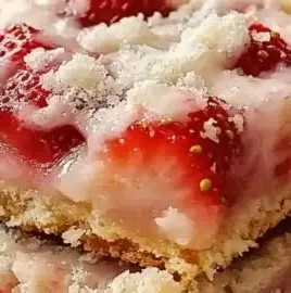 Decadent strawberry shortcake bars topped with fresh strawberries and whipped cream