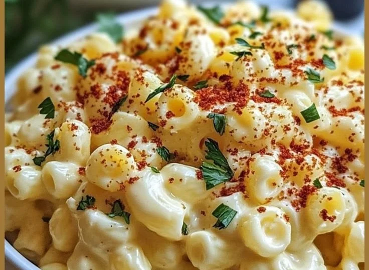 A bowl of Deviled Egg Macaroni Salad garnished with paprika and herbs