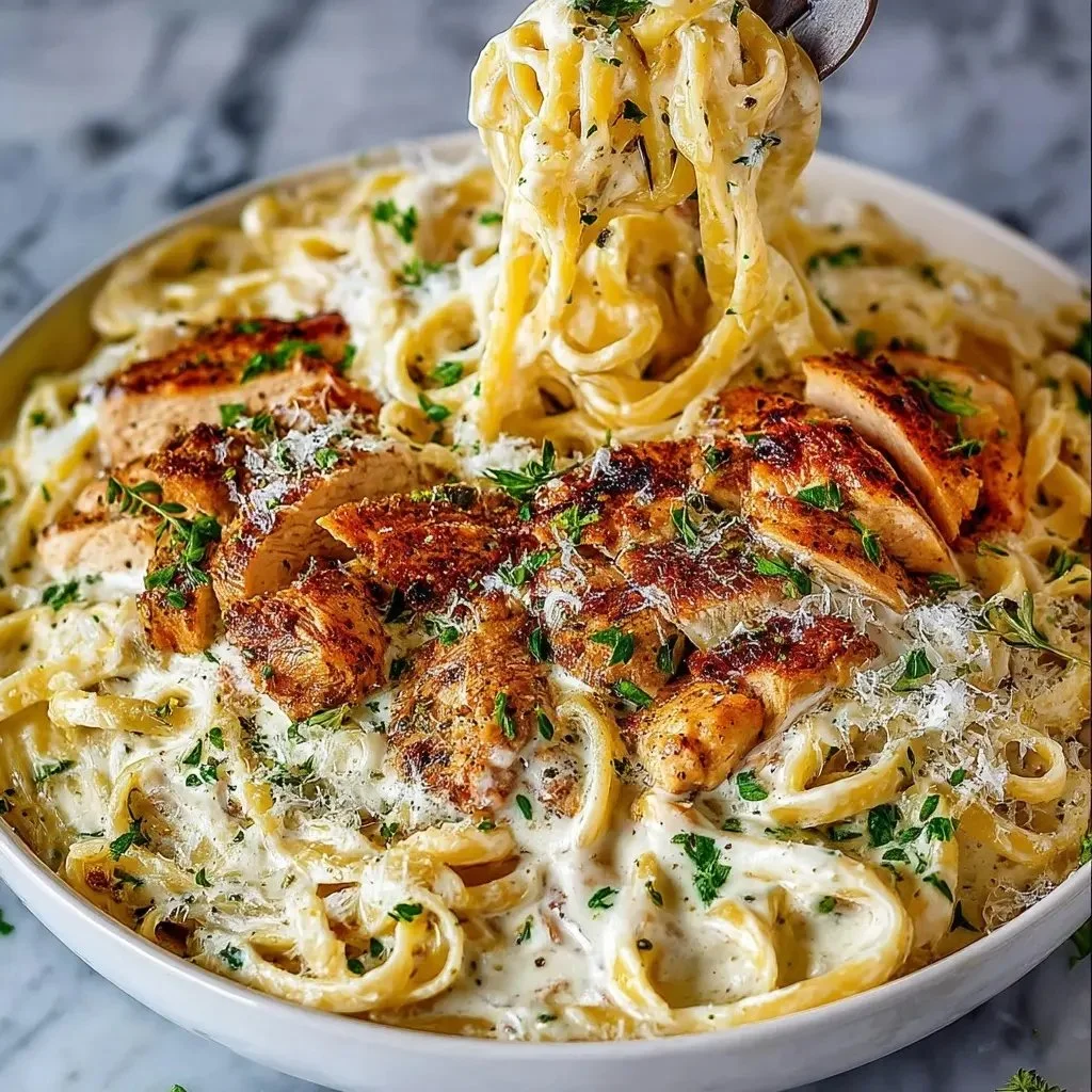 Delicious Chicken Alfredo served on a plate with garnishes.