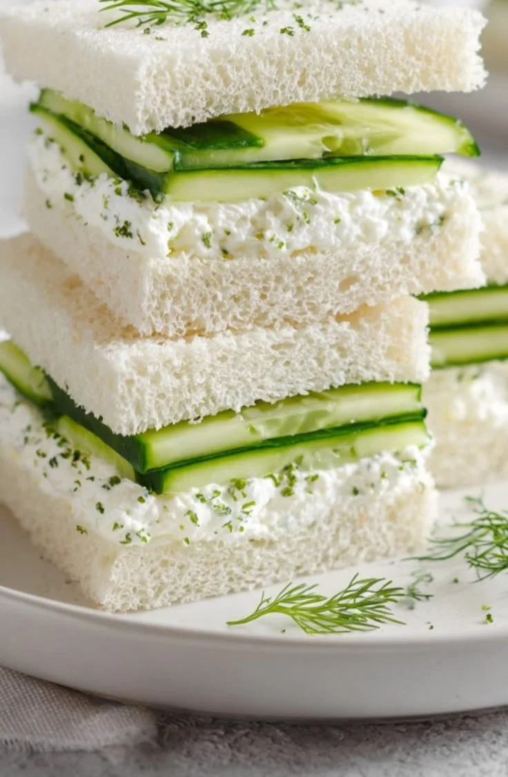 Delicious English cucumber sandwiches on a plate, perfect for tea time.