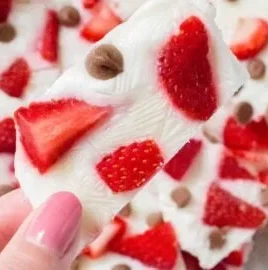 Frozen yogurt bark with strawberries and chocolate chips on a plate