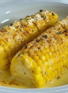 Delicious Garlic Parmesan Corn on the cob with buttery sauce