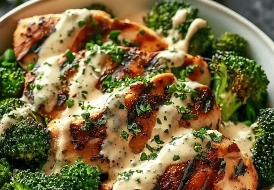 Grilled Chicken & Broccoli Bowls with Creamy Garlic Sauce