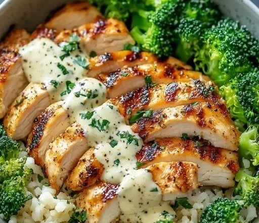 Grilled Chicken & Broccoli Bowls with Creamy Garlic Sauce in 30 Minutes