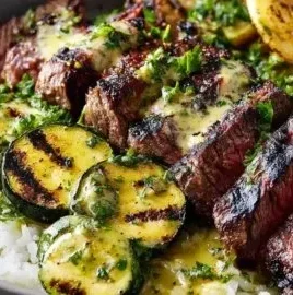 Delicious grilled steak bowl topped with fresh veggies and flavorful sauce
