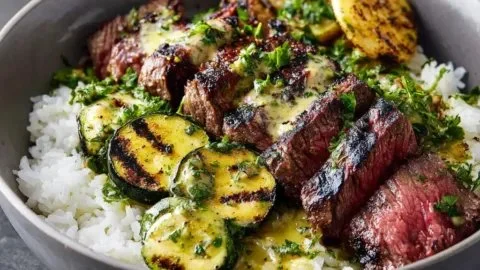 Delicious grilled steak bowl topped with fresh veggies and flavorful sauce