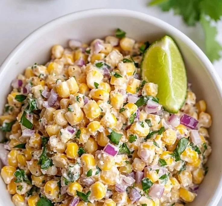 Healthy street corn salad topped with Greek yogurt and fresh ingredients