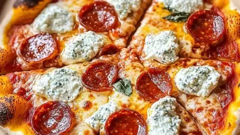 Hot Honey Pepperoni Ricotta Pizza topped with spicy pepperoni and drizzled honey