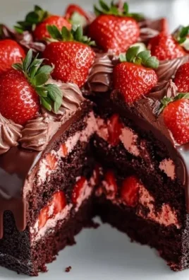 Indulgent strawberry chocolate cake with a shiny chocolate shell and fresh strawberries