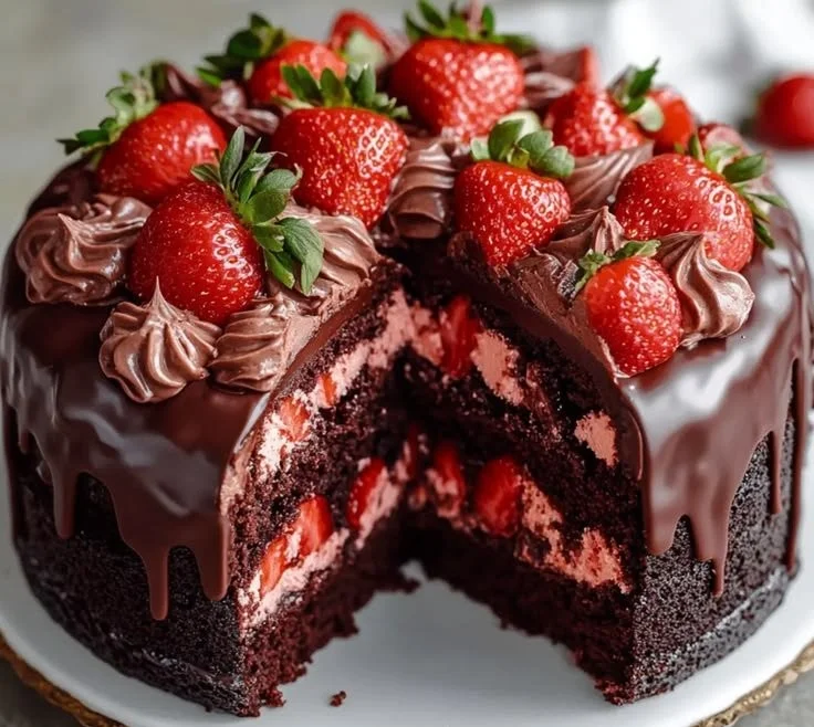 Indulgent strawberry chocolate cake with a shiny chocolate shell and fresh strawberries