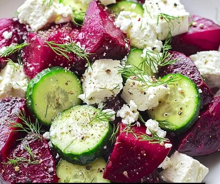 Delicious beet feta salad with fresh greens and vibrant dressing