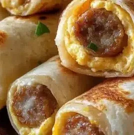 Irresistibly cheesy sausage and egg breakfast roll-ups on a plate