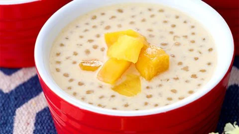 Delicious Mango Sago with Coconut Milk dessert served in a bowl