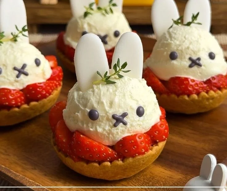 Miffy Strawberry Cheesecake Tartlets served on a decorative plate