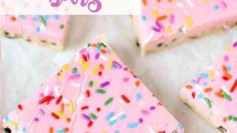 Delicious no bake cookie dough bars cut into squares on a plate
